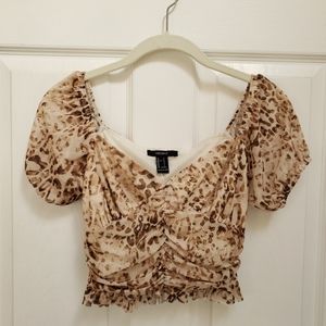 Forever 21 Beige Brown Leopard Print Mesh Short Sleeve Crop Top Women's …